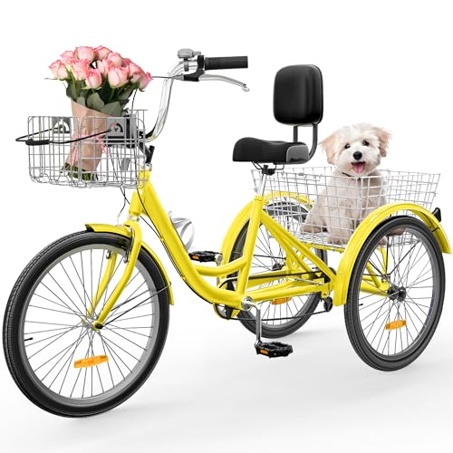YITAHOME 24 & 26 Inch Adult Tricycle, 1 & 7 Speed 3 Wheel Bikes, Large Seat with Backrest Trike for Adults with Front & Rear Baskets, Cruiser Bike for