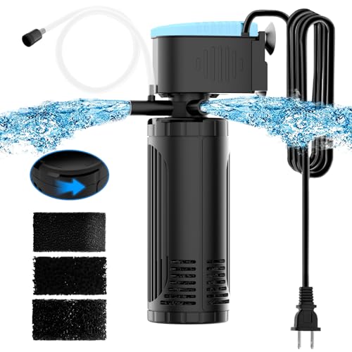 AquaMiracle Submersible Aquarium Filter 3-Stage in-Tank Filter with Dual Water Outlet & Aeration, Water Flow Adjustable 300GPH Internal Fish Tank Filt