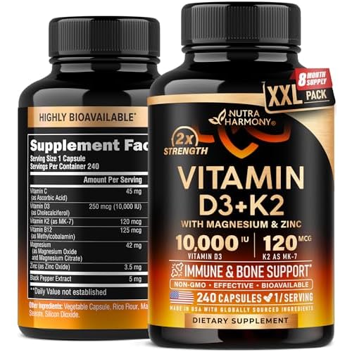 Vitamin D3 K2 - Vitamin D3 10000 iu & K2 as MK-7 120 mcg - Immune & Mood Support, for Bone & Teeth Health - with Magnesium, Zinc & Vitamin C & B12 - H