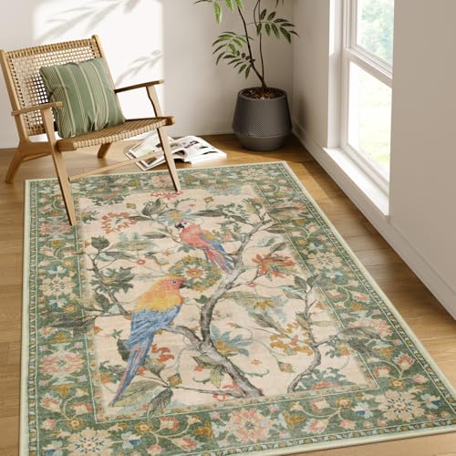 Lahome Botanical Birds 5x7 Washable Living Room Rug, Boho Green Bedroom Dining Room Rugs for Under Table, Large Vintage Indoor Floor Carpet for Home O