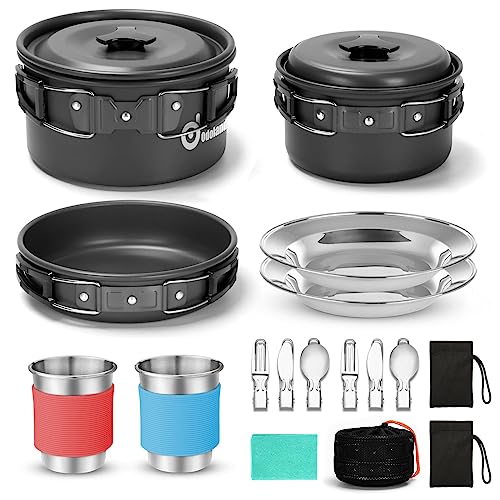 Odoland Camping Cookware Set with Pots and Frying Pan Cup Plates Folding Cutlery Gavette for 1-2 People Lightweight and Compact for Camping Trekking P