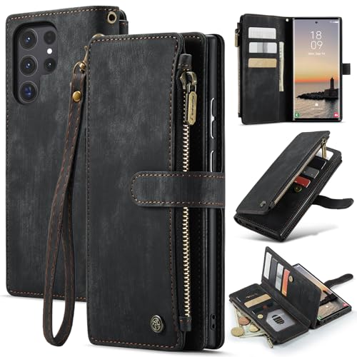 for Samsung Galaxy S24 Ultra Wallet Case with 10 Card Holder Slots Magnetic Zipper Pocket Pouch Flip KicStand Durable Premium Leather PU with Lanyard