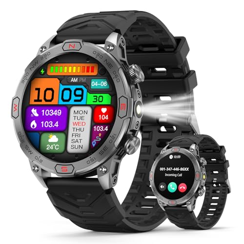 Smartwatch Herren Damen mit LED Taschenlampe, 1,43 Zoll AMOLED-Display, Outdoor Smartwatch mit Kompass-Höhen-Luftdruckfunktion, Wasserdichte Sportuhr