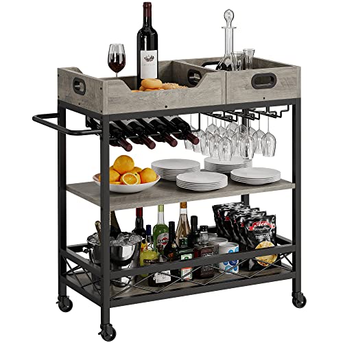 Garvee 3-Tier Rustic Bar Cart with Wheels, Wine Rack, Glass Holder, Removable Trays, Metal Frame, for Living Room, Dining Room, Kitchen