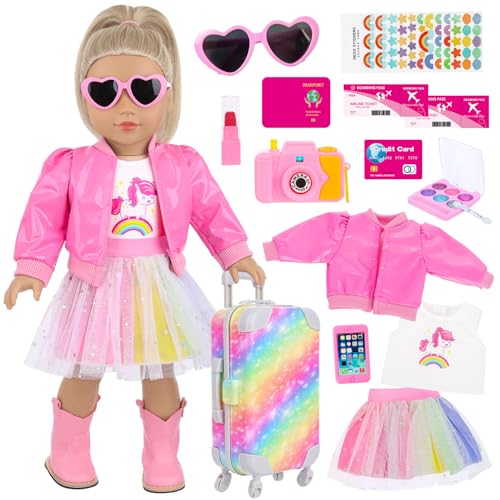 American 18 Inch Doll Accessories Rainbow Suitcase Luggage Travel Set Doll Playset - 14pcs Pink Fashion Doll Clothes and Makeup Accessories Travel-The
