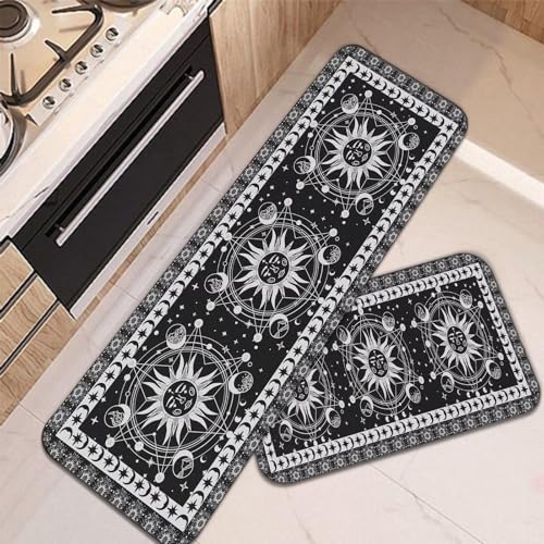 Boho Celestial Kitchen Rug, Bohemian Farmhouse Occult Crescent Kitchen Rugs Set of 2, Washable Non-Slip Kitchen Floor Mats Kitchen Decor, 20"×32"+20"