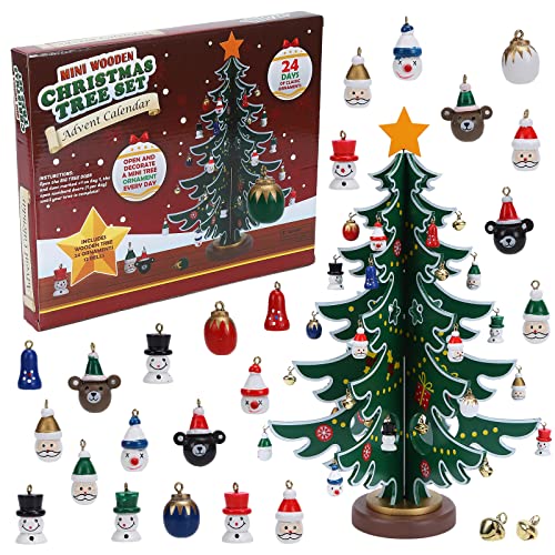 Garvee Christmas Advent Calendar Ornaments 2023,24 Days Countdown Advent Calendar with a Tabletop Wooden Christmas Tree and Ornaments Snowman Santa De