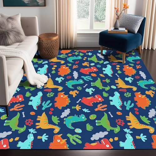 5' x 7' Dinosaurs Rug Blue Area Rugs for Kids Boys Girls Living Room Bedroom Dormitory Washable Floor Mat Cartoon Throw Rug Carpet Room Decor Dinosaur