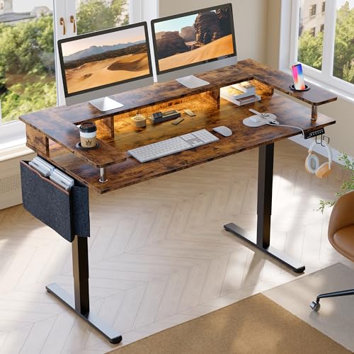 Bestier LED Electric Standing Desk Adjustable Height, 58x26 Inch Large Sit Stand Desk with Monitor Stand, Ergonomic Rising Desk for Home Office Workst