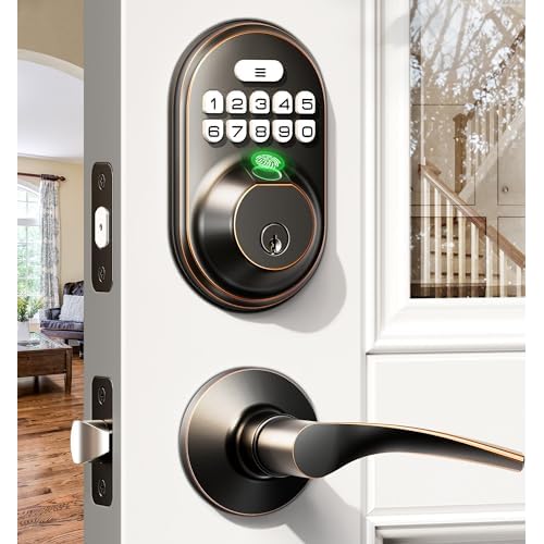 Veise Fingerprint Door Lock with 2 Lever Handles, Keyless Entry Keypad Electronic Deadbolt, Front Door Lock Set, Easy Installation, Oil Rubbed Bronze