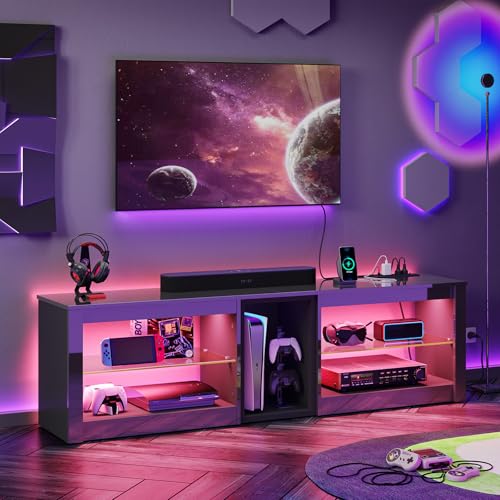Bestier High Gloss TV Stand for 70 inch TV with Power Outlets, LED Entertainment Center for PS5, Gaming TV Consoles with Glass Shelves for Living Room