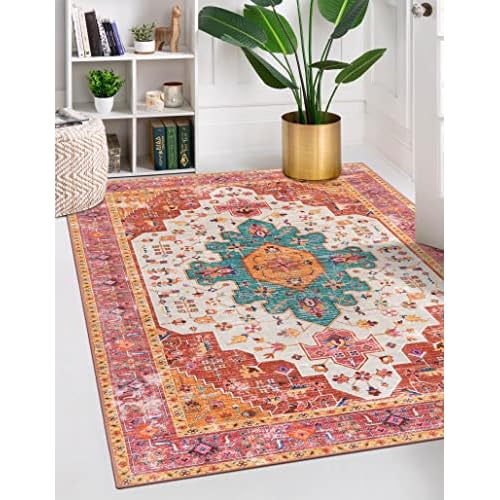 Moynesa Ultra-Thin Washable Vintage Area Rug - 5x7 Large Bedroom Boho Non-Slip Non-Shedding Living Room Mat Oriental Medallion Floor Carpet for Kids N