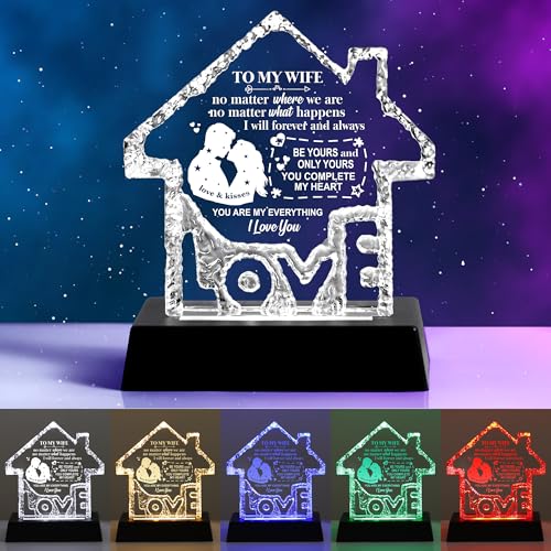 Romantic Gifts for Wife Her Women Valentines Christmas Retirement Birthday Anniversary, Personalized Crystal House with 7-Color LED Light Base