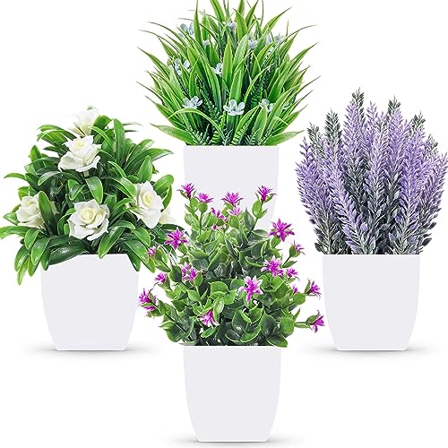 Der Rose 4 Pack Fake Plants Small Artificial Potted Faux Plants with Flowers for Home Bathroom Living Room Office Decor Indoor