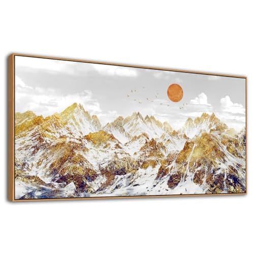 NINEASO Framed Mountain Wall Art Canvas - Big Snowy Golden Mountain Pictures Wall Decor Abstract Gray Cloudy Sunrise Flying Birds Sun Painting Artwork