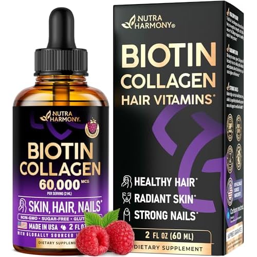 Liquid Biotin & Collagen - Vitamins for Hair Growth Support for Women & Men - Extra Strength 60000 mcg Drops - B7 Supplement - Strong Nails & Healthy