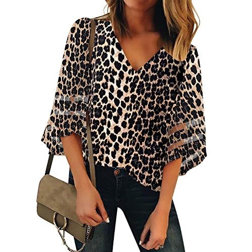 luvamia Women's Casual V Neck Blouse 3-4 Bell Sleeve Mesh Panel Shirts Loose Top Large C Leopard Print