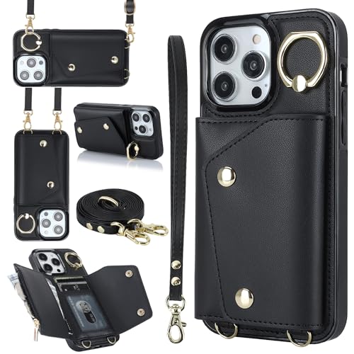 for iPhone 15 Pro Luxury Zipper Wallet Case with Ring, Multi Card Holder Adjustable Crossbody Strap, Fashion Wallet Bag.(Black) Black iPhone 15 Pro