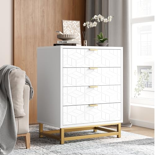 Garvee White Dresser, 4 Drawer Dresser for Bedroom, Wood Dresser＆Chest of Drawers, Modern Dressers with Gold Metal Handles for Living Room, Hallway, E