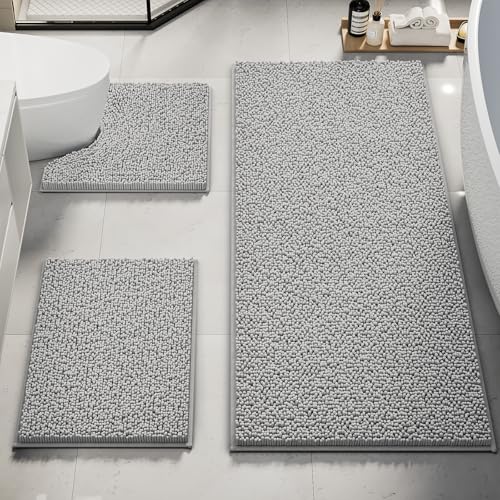 Bathroom Rug Mat Set 3 Piece, Chenille Bath Mat Set, Extra Large Non-Slip Ultra Soft Carpet Mats, Absorbent with U-Shaped Toilet for Bathroom, Tub, Sh