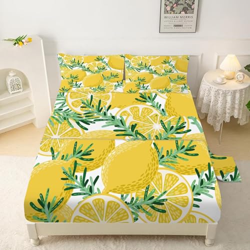 Lemon Sheet Set Twin: Yellow Lemon Bedding Set for Kids Teens Girls Summer Fruits Bedroom Bed - 1 Flat Sheet, 1 Fitted Sheet, 1 Pillowcase Lemon 05 Tw