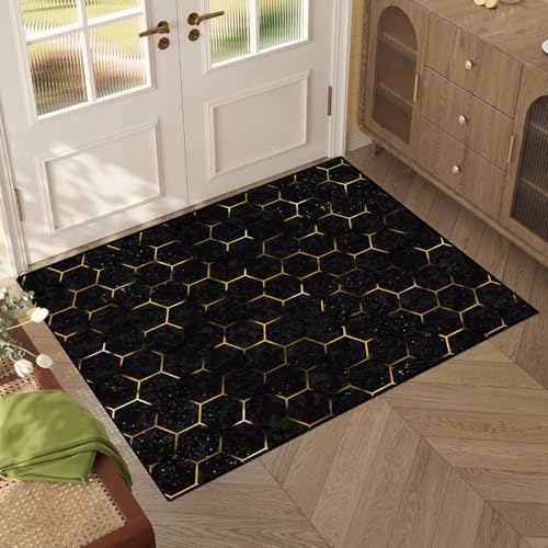 3' x 5' Geometric Rug Black and Gold Area Rugs for Bedroom Dorm Living Room Moroccan Honeycomb Modern Aesthetic Throw Rug Floor Mat Pad Doormat Carpet