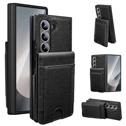 for Samsung Galaxy Z Fold 5 Case with Wallet, Built in Front Glass Screen Protector, 3 Card Slots and Any Angle Kickstand - Black Black Z Fold 5
