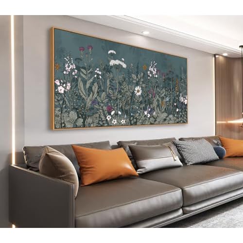 NINEASO Botanical Framed Wall Art - Dusty Blue Wildflower Nature Canvas Pictures Floral Wall Decor Flower Plants Painting Print Artwork for Living Roo
