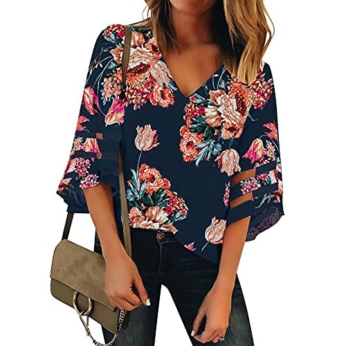luvamia Women's Casual V Neck Blouse 3-4 Bell Sleeve Mesh Panel Shirts Loose Top X-Large C Floral Print Midnight Blue