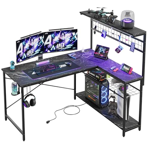 Bestier Gaming Desk 51" L-Shaped, with Power Outlets & LED Lights- 4 Tier Shelves, Reversible Gamer Table with Hooks & Cup Holder for Home Office Blac