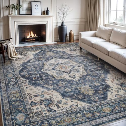 AMOAMI-Area Rug 5X7 Rugs for Living Room-Vintage Soft Blue Rugs for Bedroom-Non Slip Carpet-Machine Washable Rug for Dining Room Living Room Bedroom O