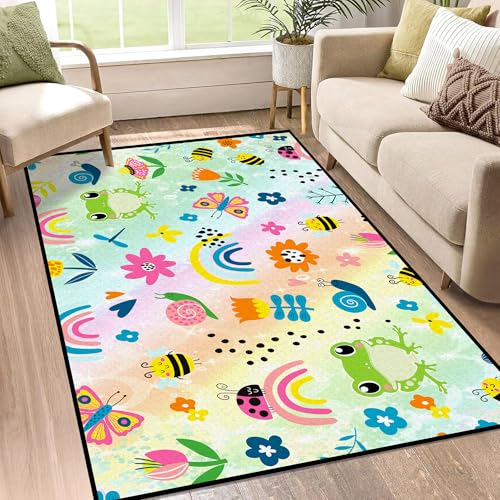 3' x 5' Cartoon Rainbow Rug Frog Butterfly Floral Cute Animal Area Rugs for Kids Boys Girls Children Bedroom Playroom Carpet Living Room Decor Dorm Do