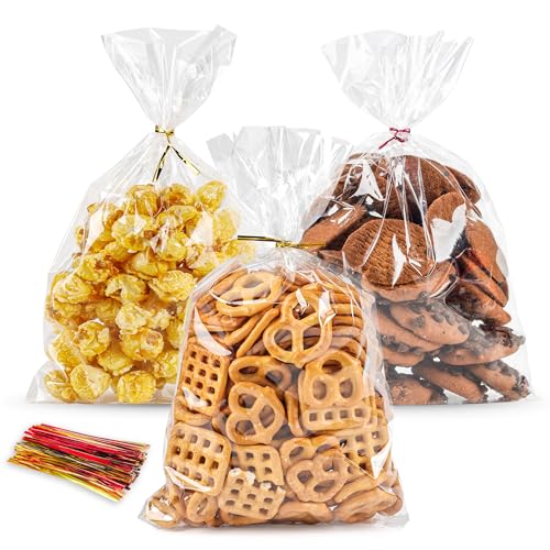 NPLUX 200 Pack Cellophane Bags Small Plastic Cookie Bag Clear Treat Bags with Twist Ties for Small Gift Party Favors, Bakery, Candy, Popcorn (6×10In)