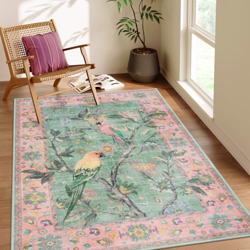 Lahome Botanical Birds Pink Rugs for Bedroom Girls, 5x7 Washable Living Room Dining Room Rugs for Under Table, Vintage Indoor Carpet Throw Nursery Car