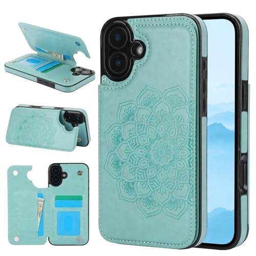 for iPhone 16 Case with Credit Card Holder,RFID Blocking,PU Flower Leather Double Magnetic Clasp Kickstand Heavy Duty Protective Cover.(Green) Green i