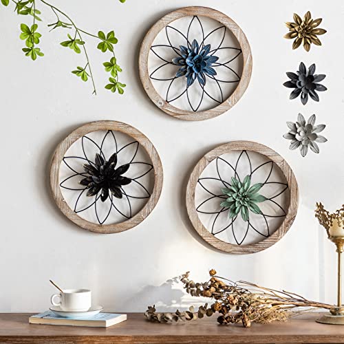 Paquesta 3 Piece Round Farmhouse Wall Decor with 6 Piece Interchangeable Flowers 12'' Medallion Wood & Metal Rustic Wall Art for Living Room Bedroom K