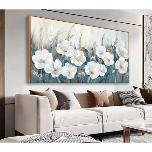 NINEASO Flowers Framed Canvas Wall Art - White Flowers Pictures Abstract Floral Wall Decor Navy Blue Reed Botanical Painting Print Artwork for Living