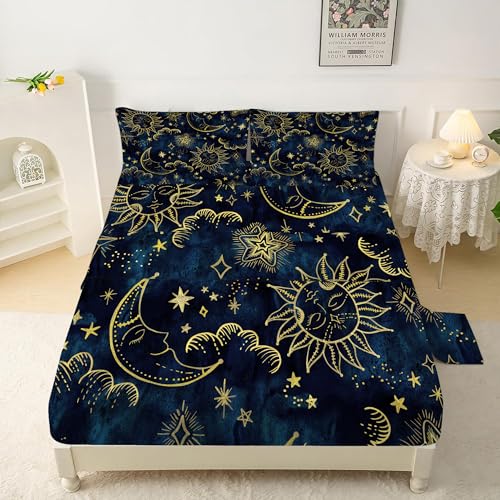 Celestial Sheets Set Full Size 4 Pcs,Sun and Moon Starry Galaxy Boho Bedding Sets for Kids Teens Girls Boys,Hippie Constellation Bed Sheets with 1 Fla