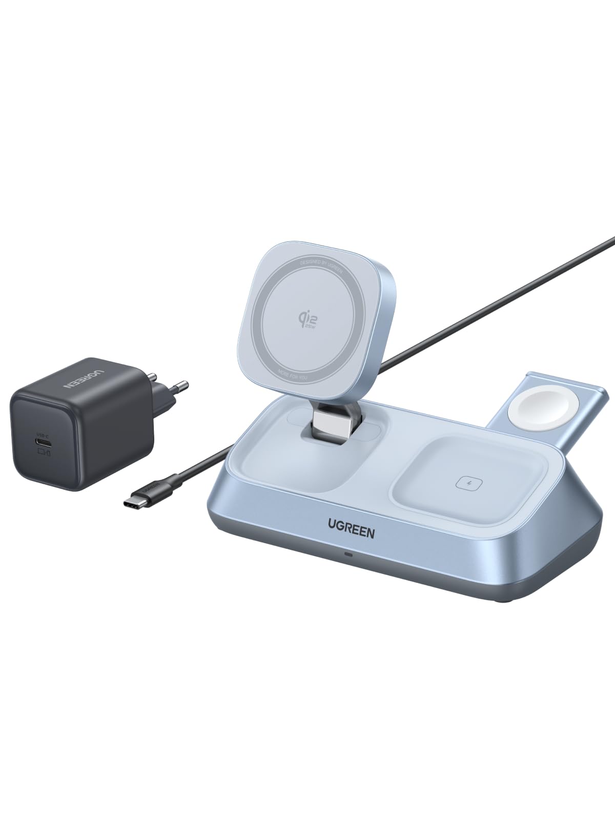 UGREEN MagFlow 3-in-1 Magnetic Wireless Desktop-Charger 25W, Qi2 Zertifiziert, kompatibel mit MagSafe, sicherer Halt, für iPhone 16-17-Serie, AirPods