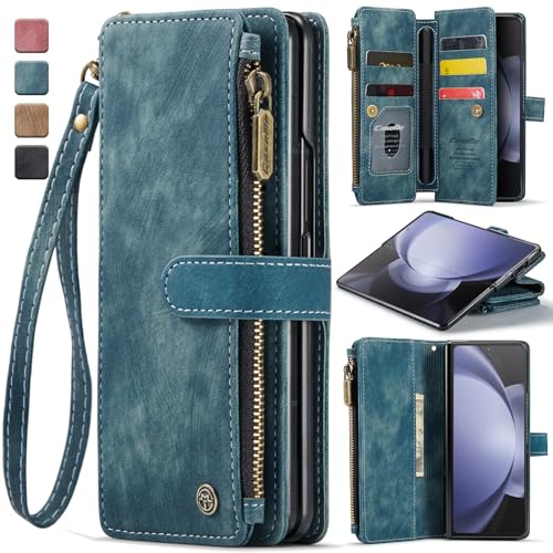 for Samsung Galaxy Z Fold 5 Wallet Case with 5 Card Holder Slots Magnetic Zipper Pocket Pouch Flip KicStand Durable Premium Leather PU with Lanyard St
