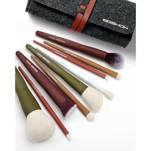 Travel Makeup Brush Set, EIGSHOW Premium Synthetic Foundation Powder Concealers Eye Shadows 9 Pcs, 5 Colors Brushes with Pouch, Cute & Portable, Gift