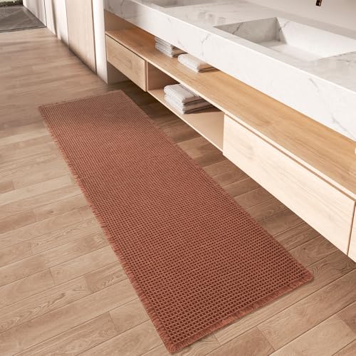 Upgraded Waffle Runner Rug Super Absorbent Non Slip Bath Mats for Bathroom Machine Washable Bathroom Runner Rug with Tassels, Ideal for Hallway Bedroo