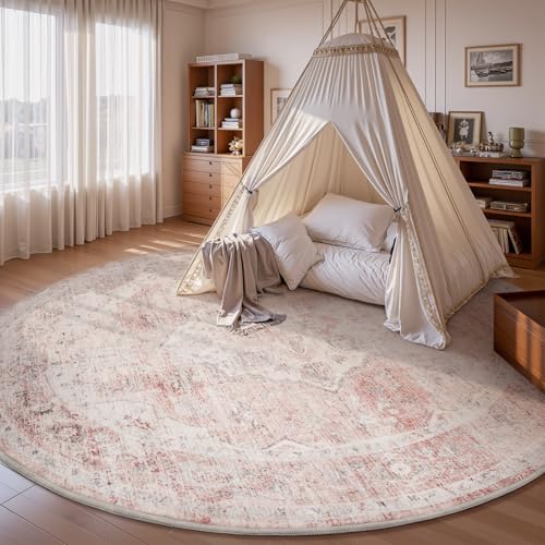 AMOAMI 6FT Round Vintage Soft Pink Rug - Non Slip Circle Machine Washable Rug for Living Room, Bedroom, Office Under Table Pink 6' (Round)