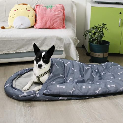 Dog Sleeping Bag Waterproof Warm Packable Dog Bed Mat with Storage Bag for Indoor Outdoor Travel Camping Hiking Backpacking(Bone,L)