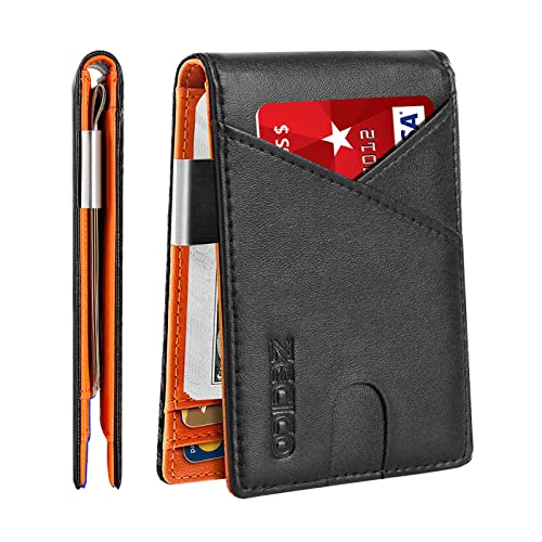 Mens Slim Wallet Money Clip: Bifold Leanther Wallets RFID Blocking Front Pocket Wallets Credit Card Holder with ID Window Gifts for Men Classic Black&