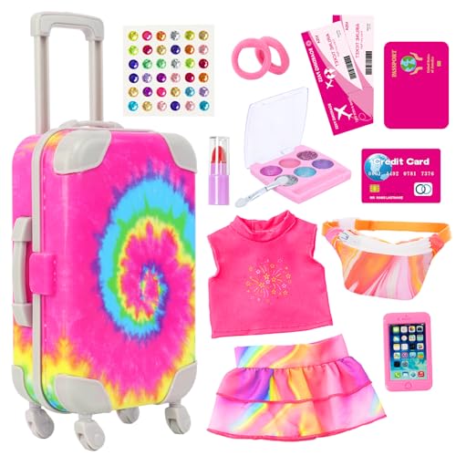 K.T. Fancy 14 PCS American 18 Inch Doll Travel Accessories Set - Rainbow Tie-Dye Suitcase Luggage with Waist Bag, Clothes, Makeup Kit, Phone Passport