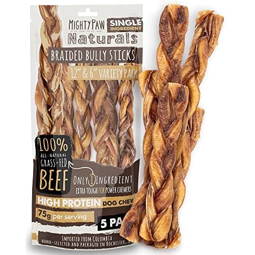 Mighty Paw Braided Bully Sticks for Large Dogs (5 Pack) | Large Bully Sticks. Best Dog Bully Sticks for Medium Dogs. Twisted Treats for All Breeds. Od
