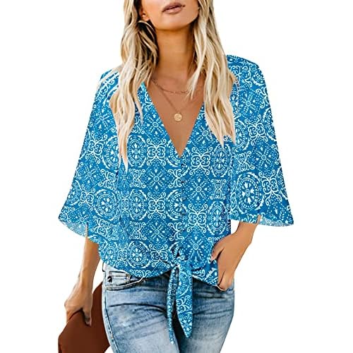 luvamia Women's V Neck Tops 3-4 Sleeve Tie Knot Floral Blouses Button Down Shirts Small Blue