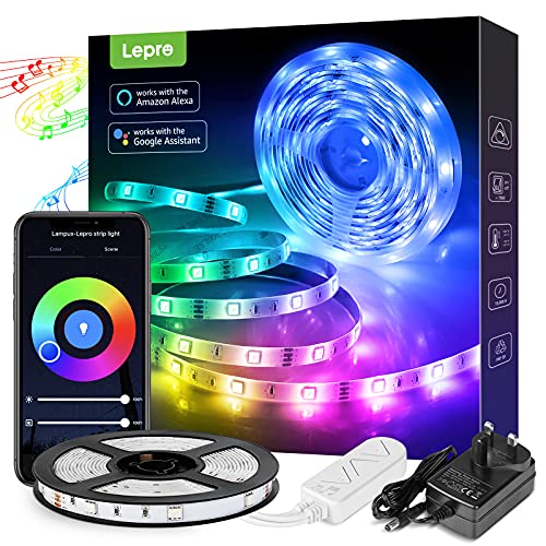 Lepro Led Strip Lights 16.4ft Smart Light Strips with App Control Remote, 5050 RGB Led Lights for Bedroom, Music Sync Color Changing Lights for Room P