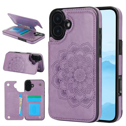 for iPhone 16 Case with Credit Card Holder,RFID Blocking,PU Flower Leather Double Magnetic Clasp Kickstand Heavy Duty Protective Cover.(Purple) Purple